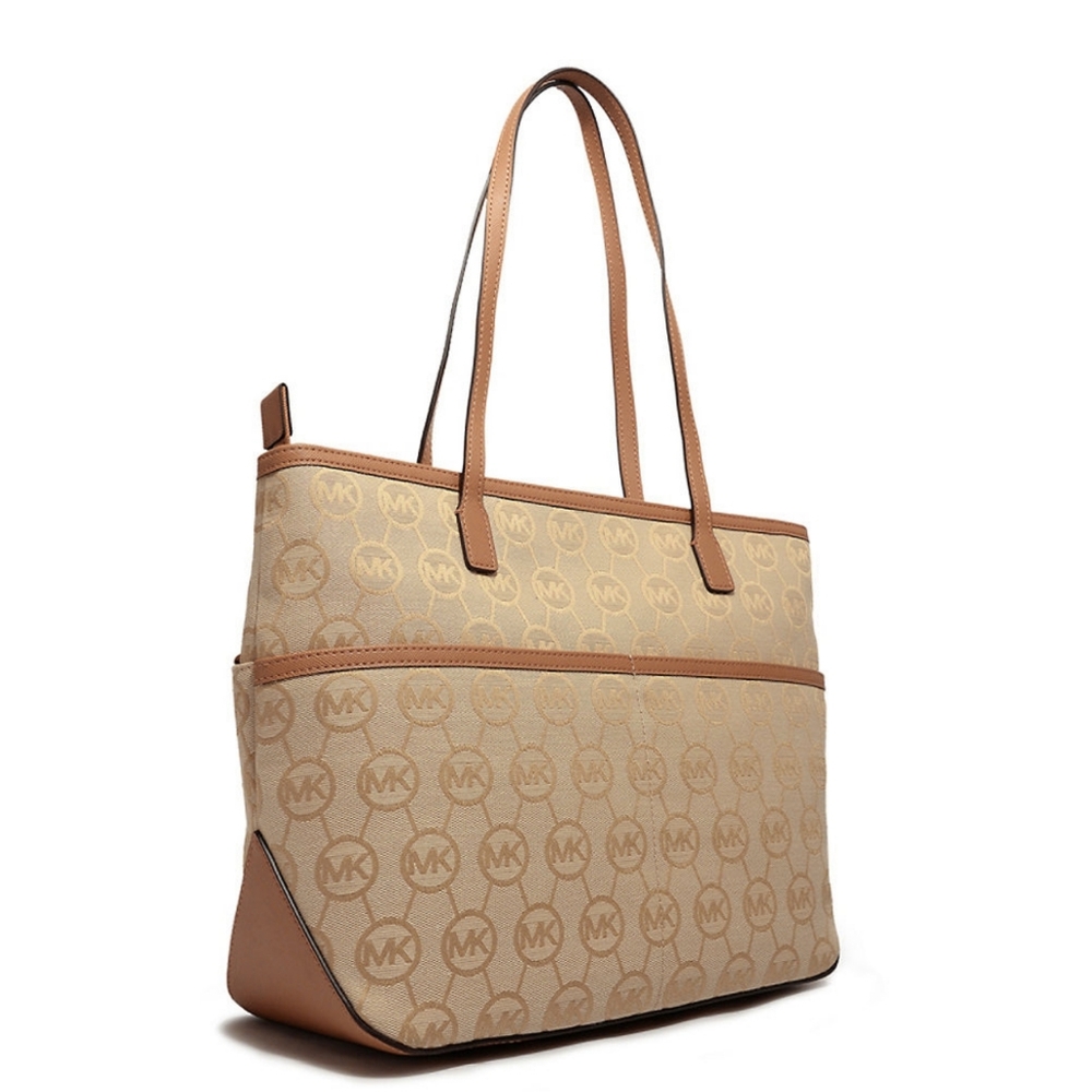 New! MICHAEL KORS MK Logo Monogram Medium Tote Handbag Bag Purse Beige Camel Tan - Picture 3 of 10